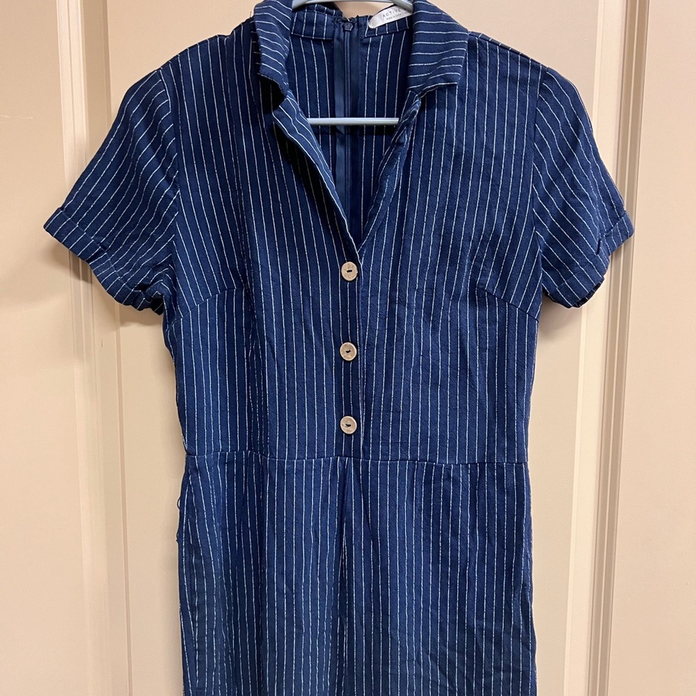 Active USA Navy Pinstripe Dress Short Sleeve Jumpsuit